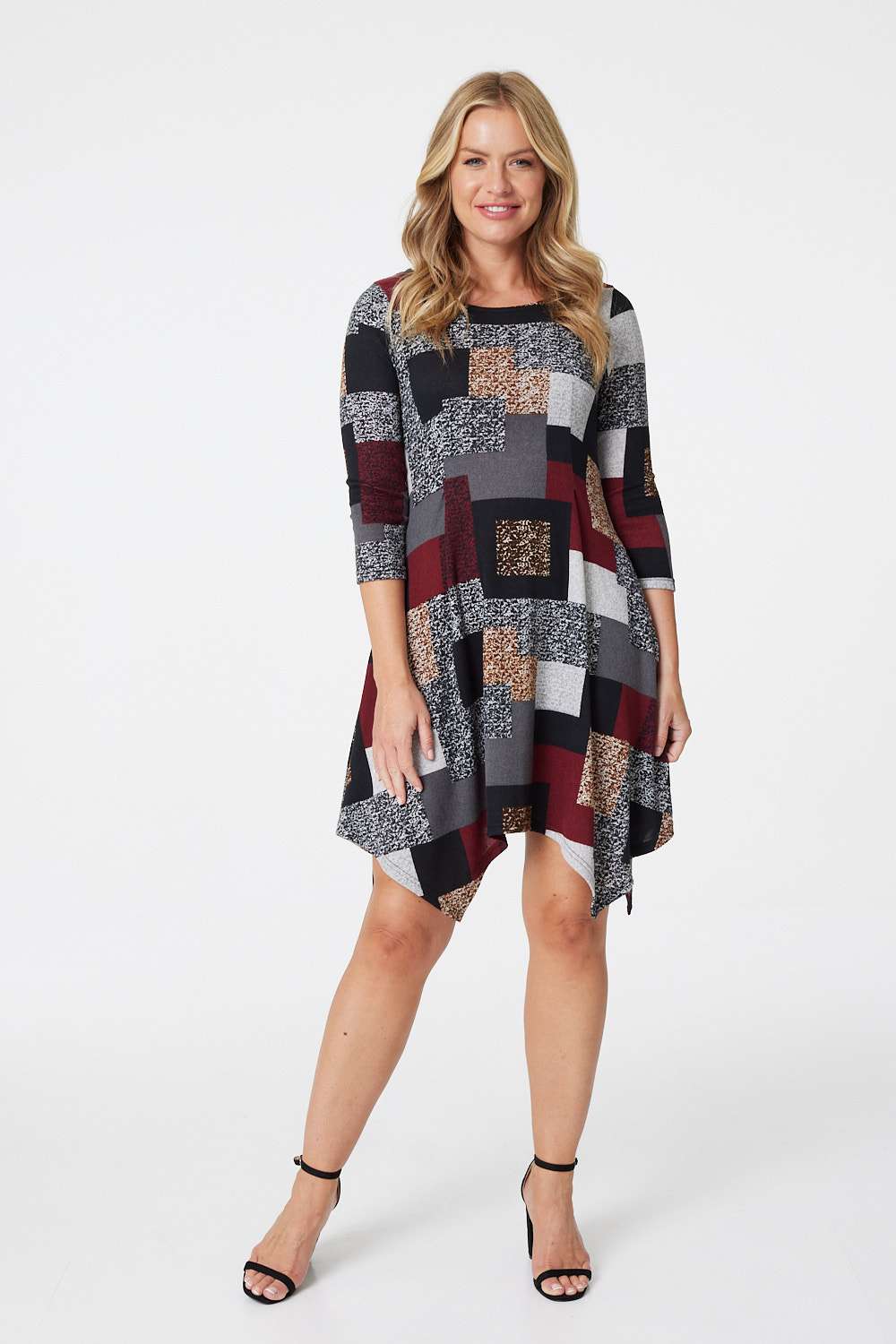 Burgundy | Geo Print Hanky Hem Swing Dress