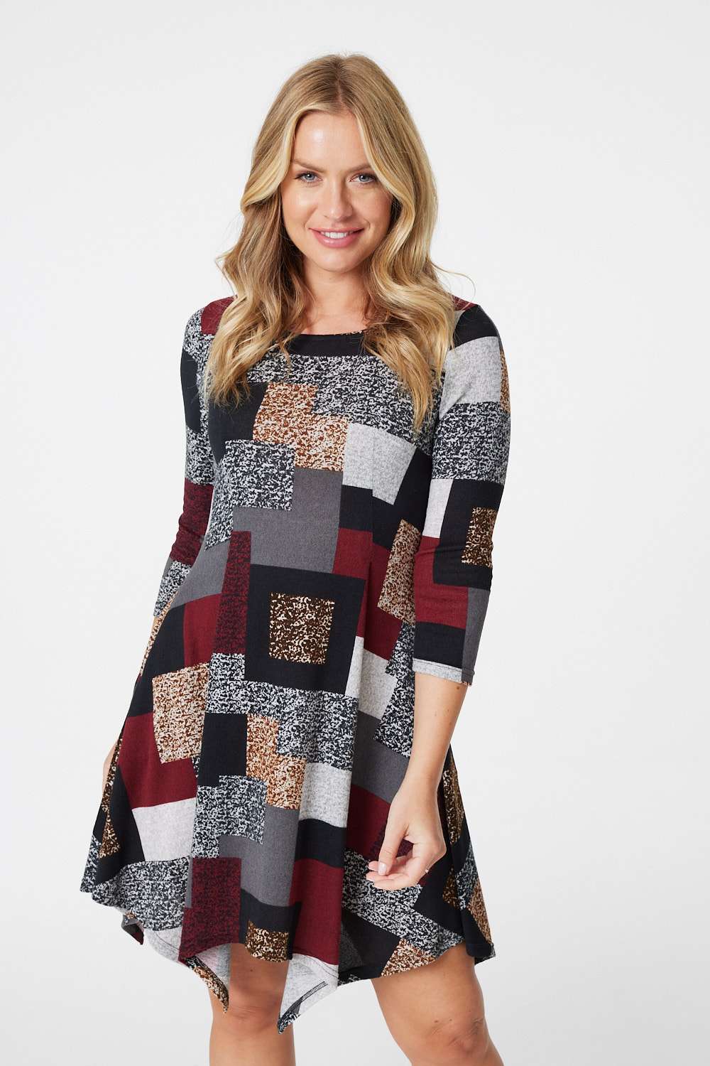 Burgundy | Geo Print Hanky Hem Swing Dress