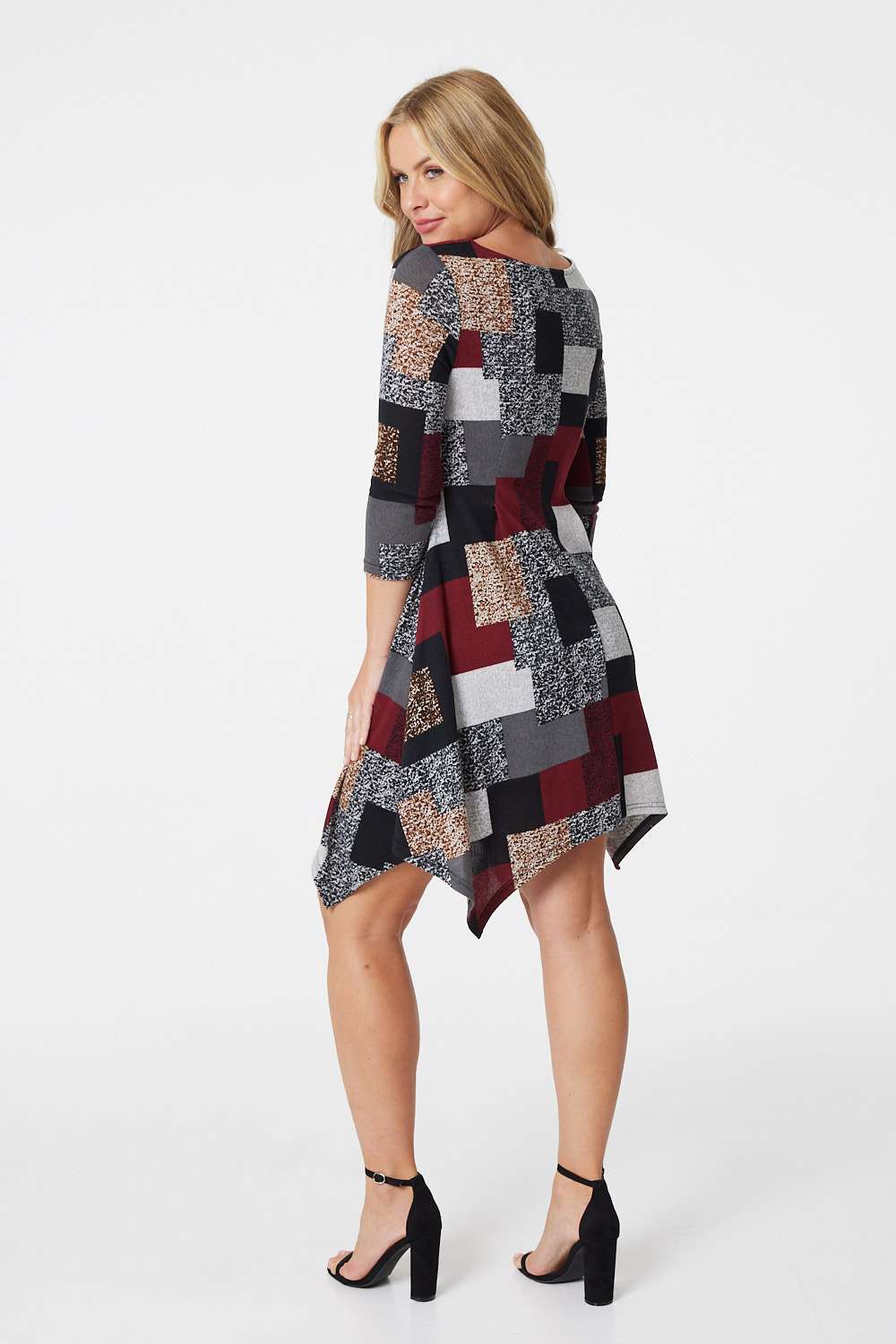 Burgundy | Geo Print Hanky Hem Swing Dress