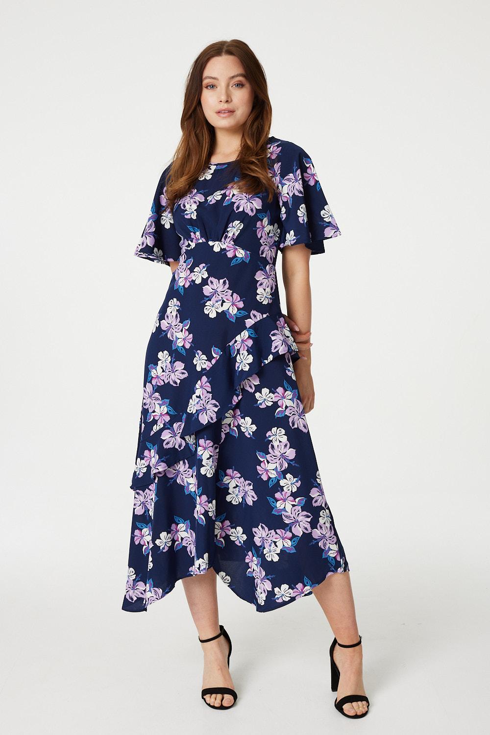 Navy | Floral Frilled Midi Dress