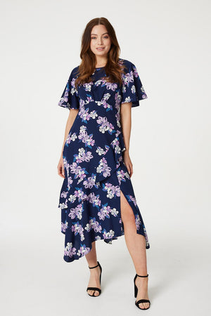 Navy | Floral Frilled Midi Dress