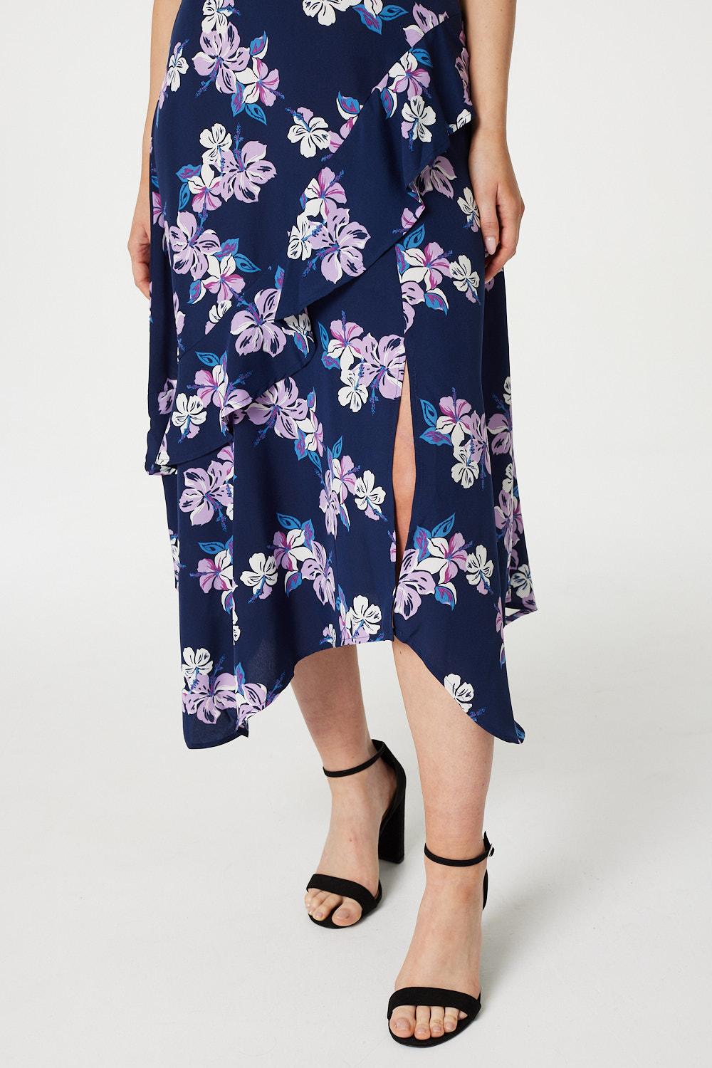 Navy | Floral Frilled Midi Dress