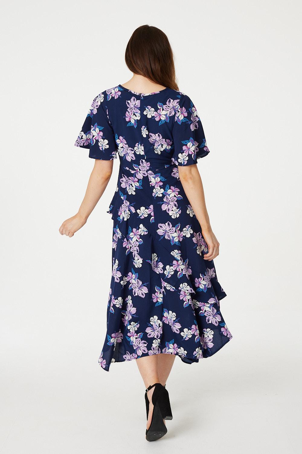Navy | Floral Frilled Midi Dress