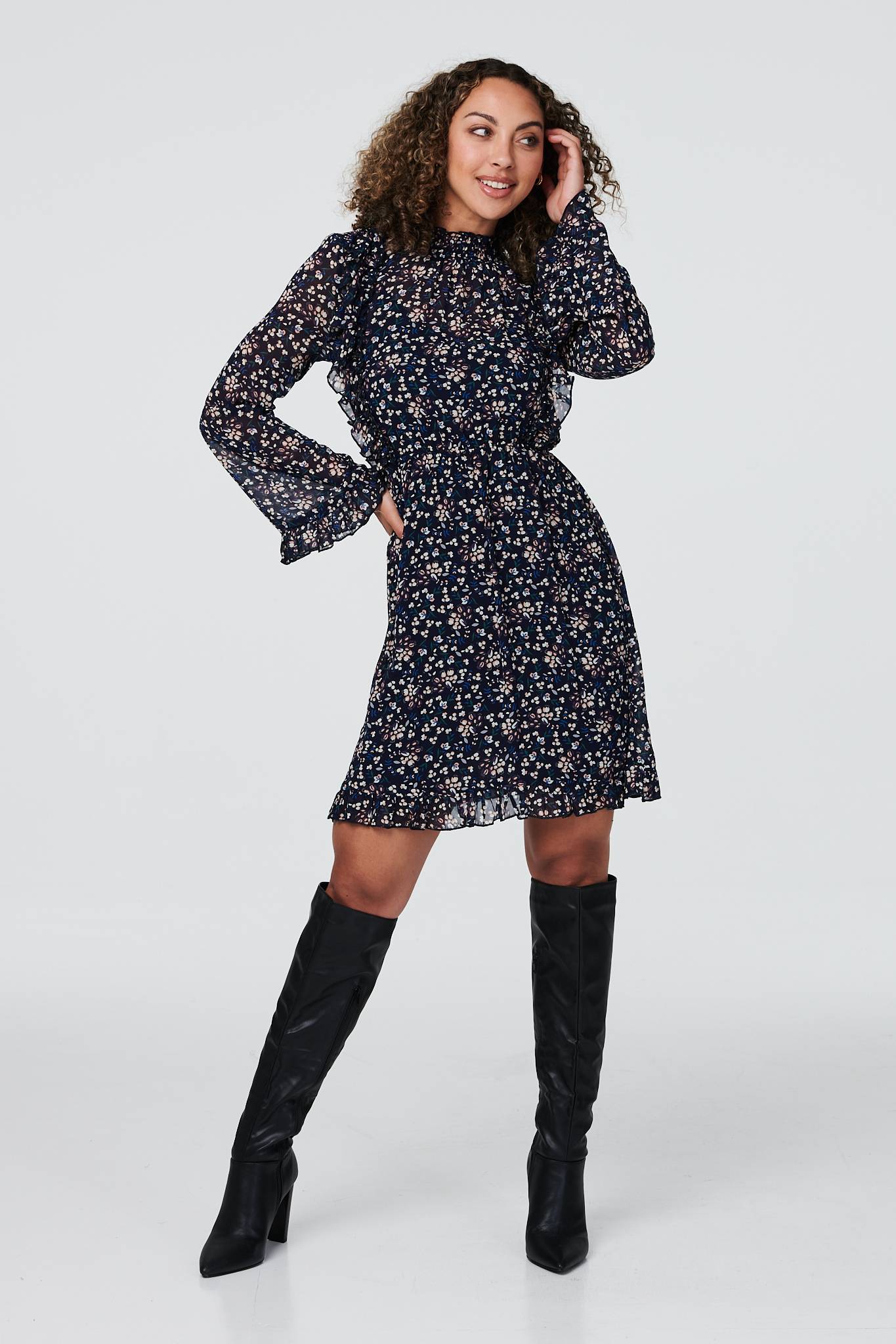 Navy | Floral Frilled Sleeve Skater Dress
