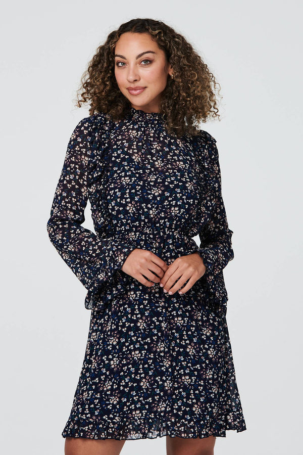 Navy | Floral Frilled Sleeve Skater Dress