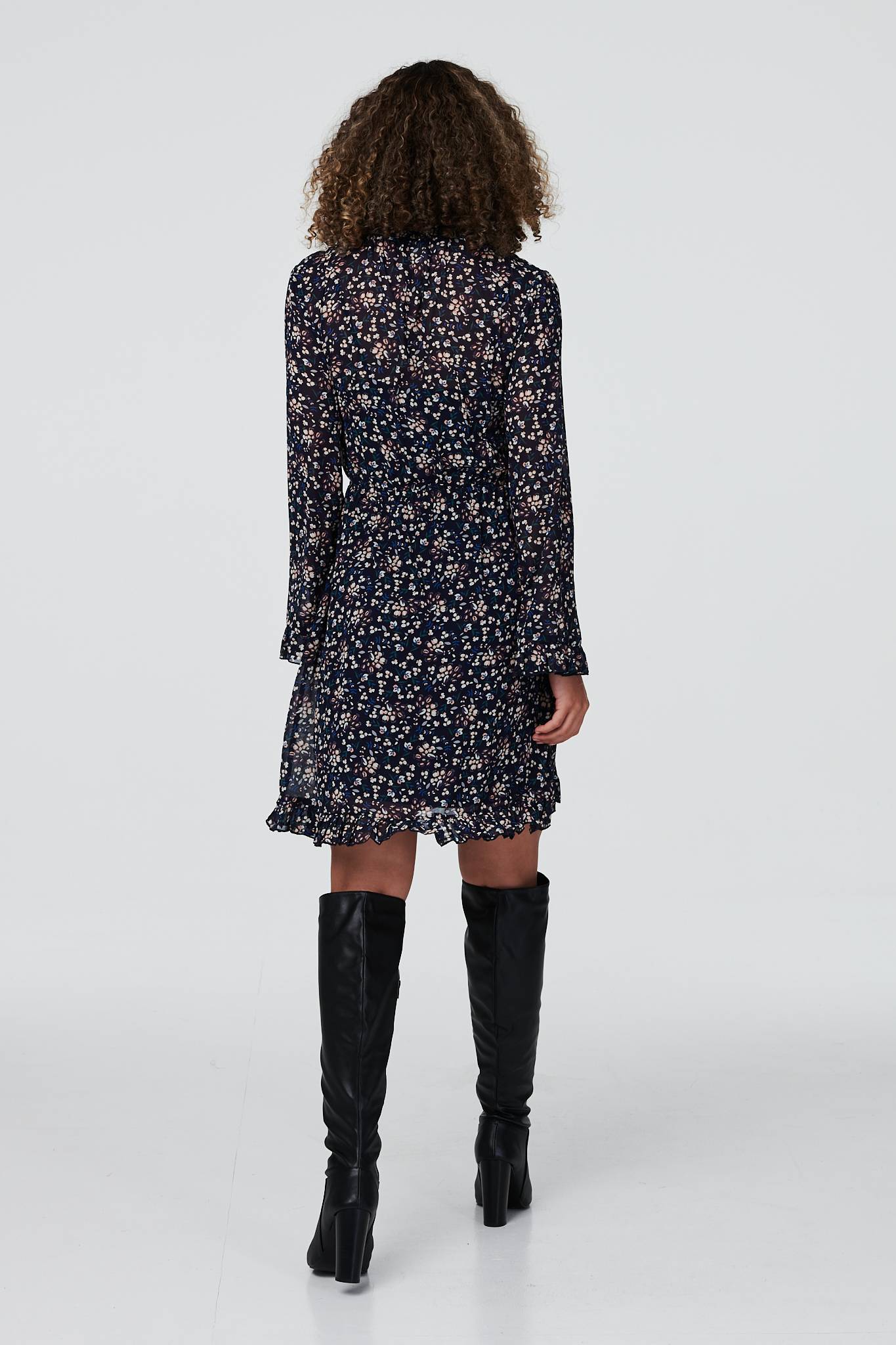 Navy | Floral Frilled Sleeve Skater Dress