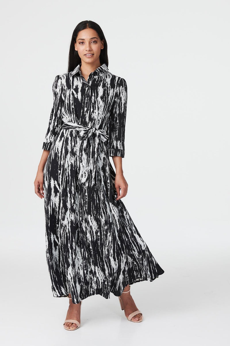 Black And White | Abstract V-Neck A-Line Midi Dress