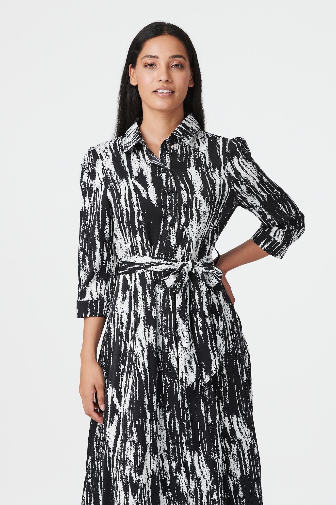 Black And White | Abstract V-Neck A-Line Midi Dress