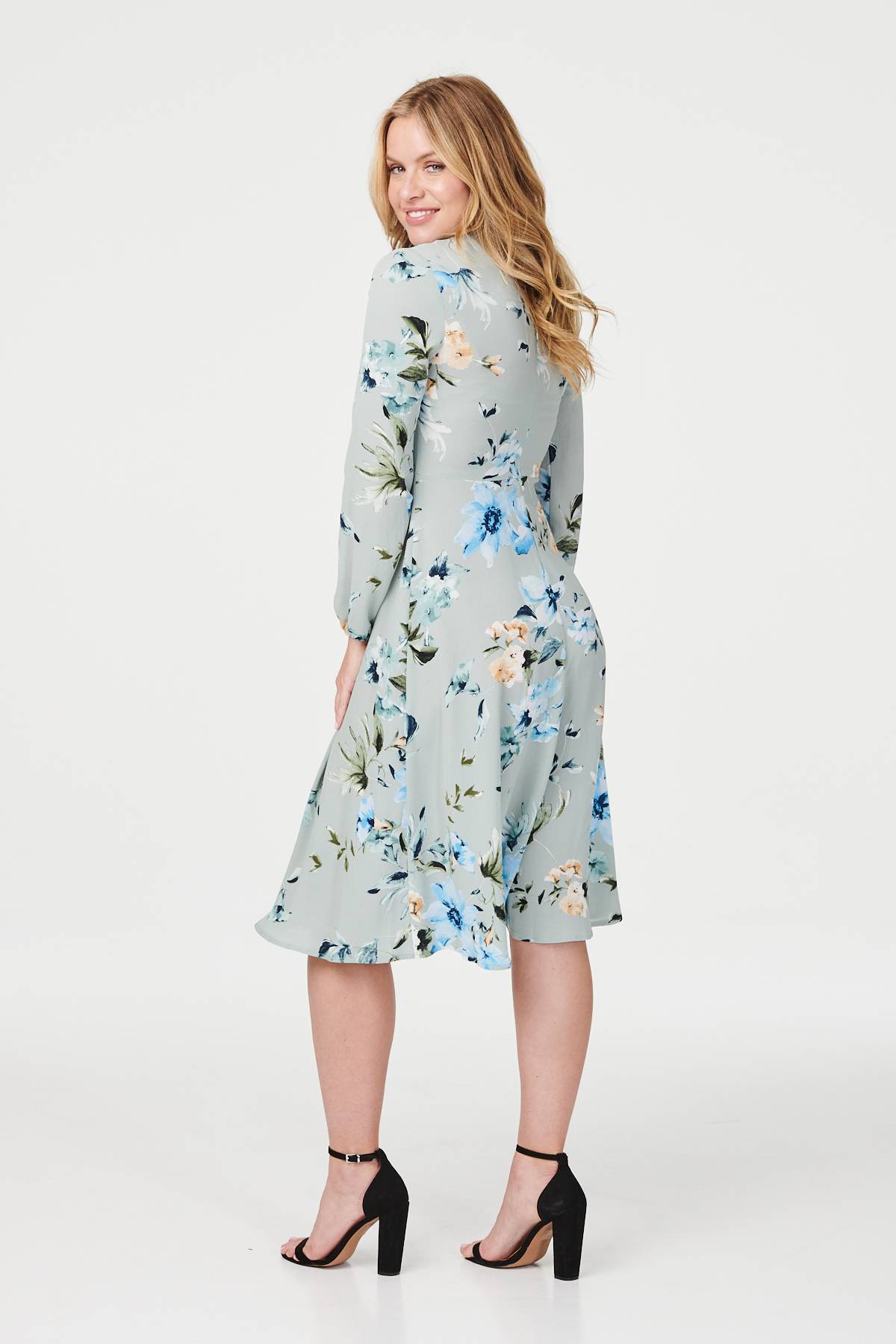 Sage | Floral High Neck Midi Tea Dress