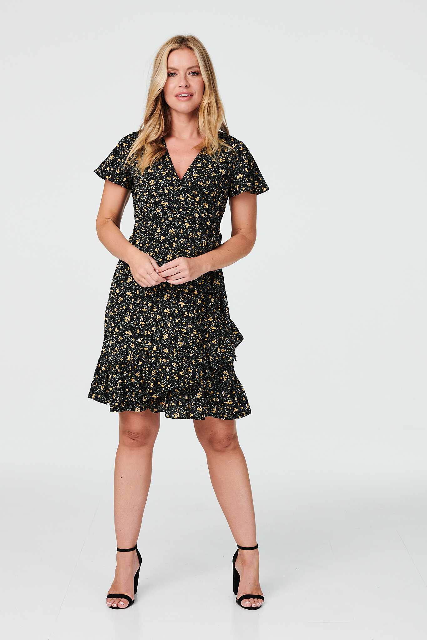 Black | Floral Wrap Front Short Dress
