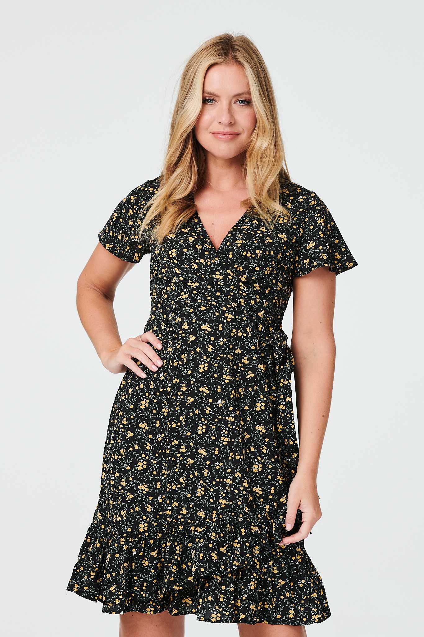 Black | Floral Wrap Front Short Dress