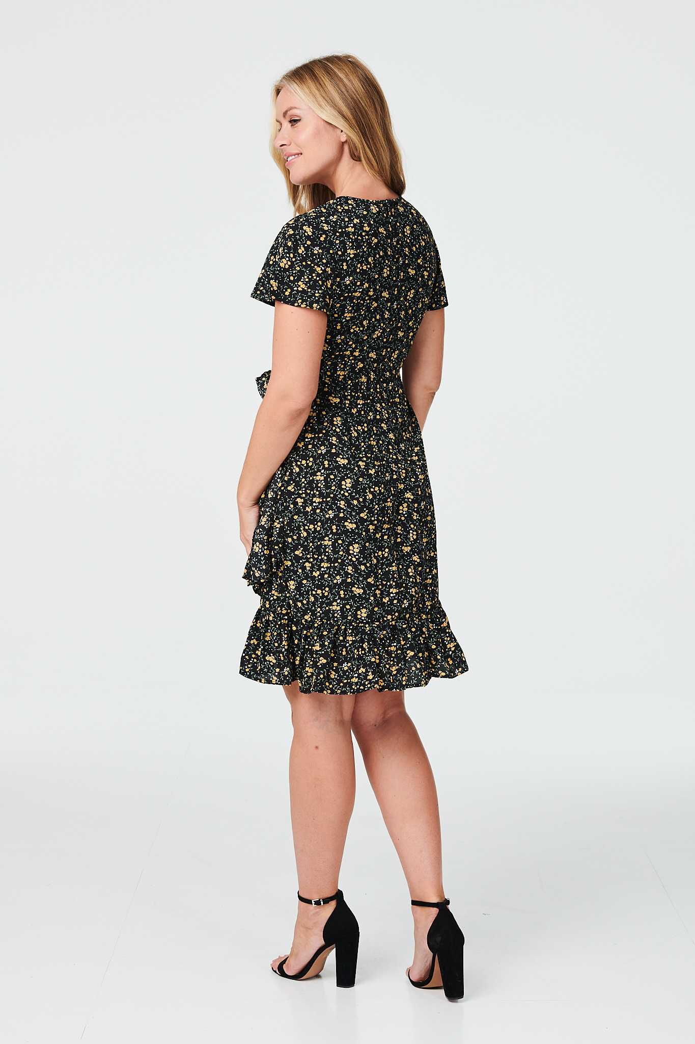 Black | Floral Wrap Front Short Dress