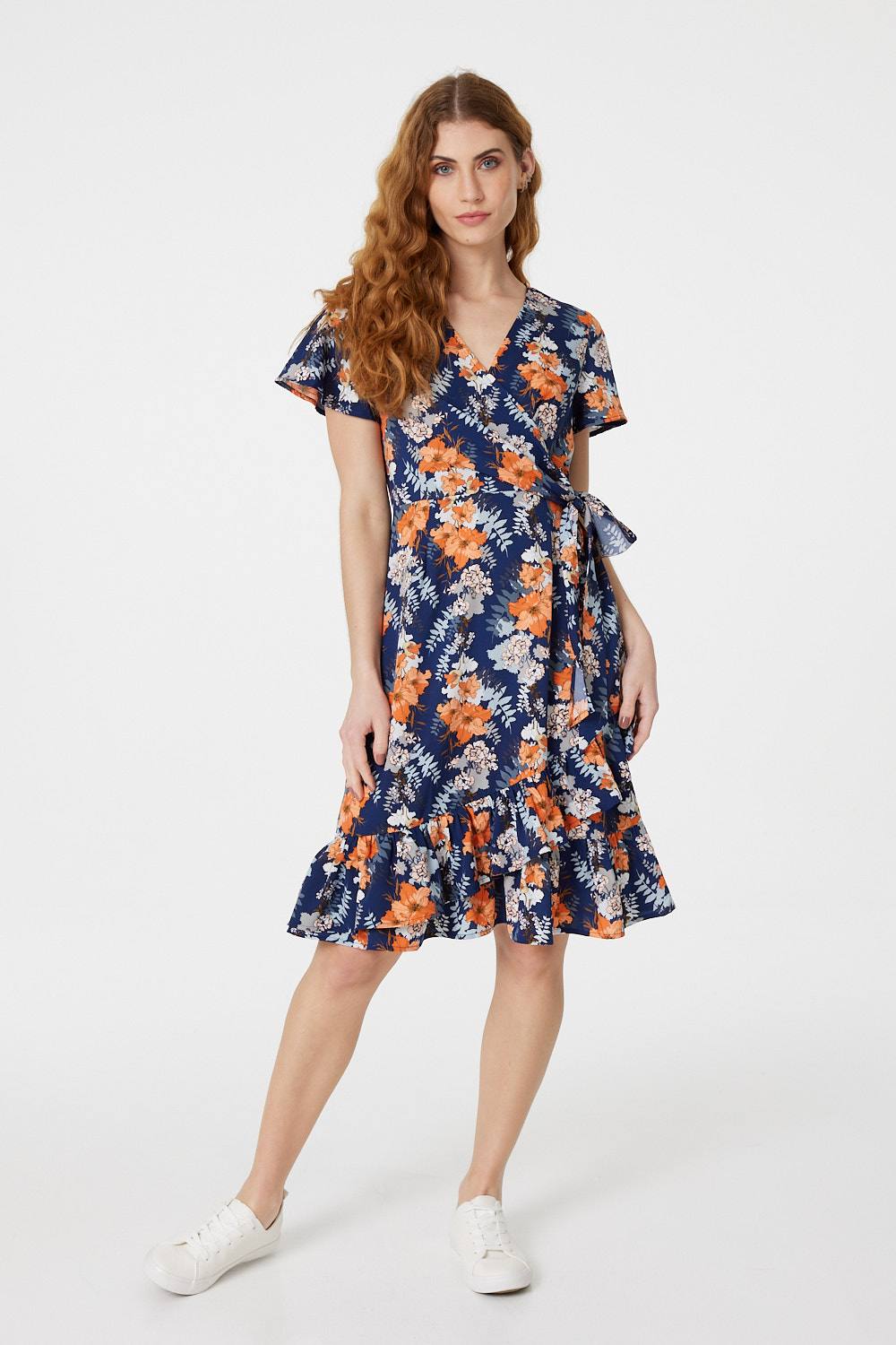 Navy | Floral Knee Length Wrap Dress