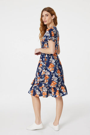 Navy | Floral Knee Length Wrap Dress