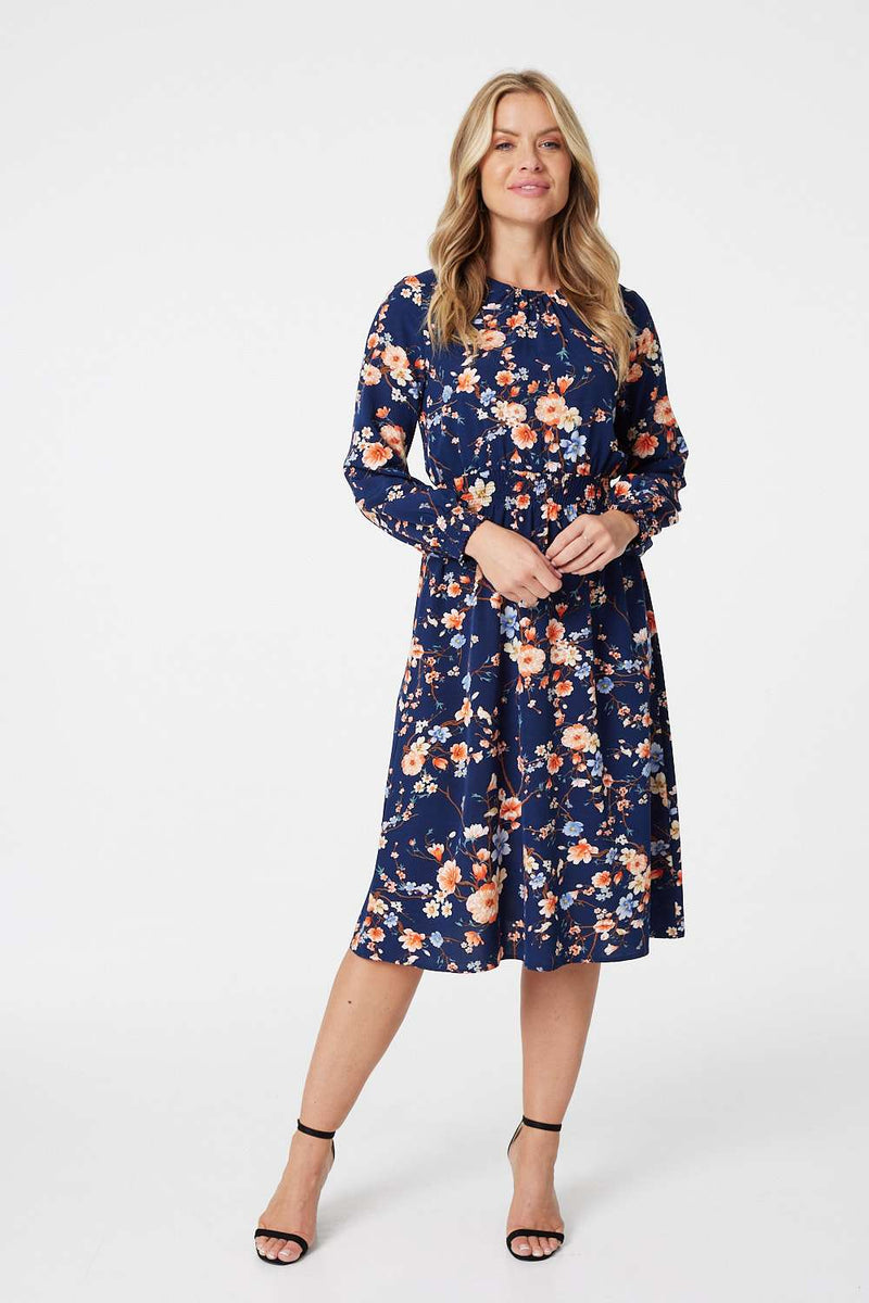 Navy | Floral Long Sleeve Tea Dress