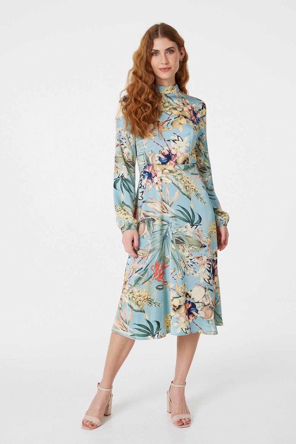 Blue | Tropical Floral Midi Tea Dress