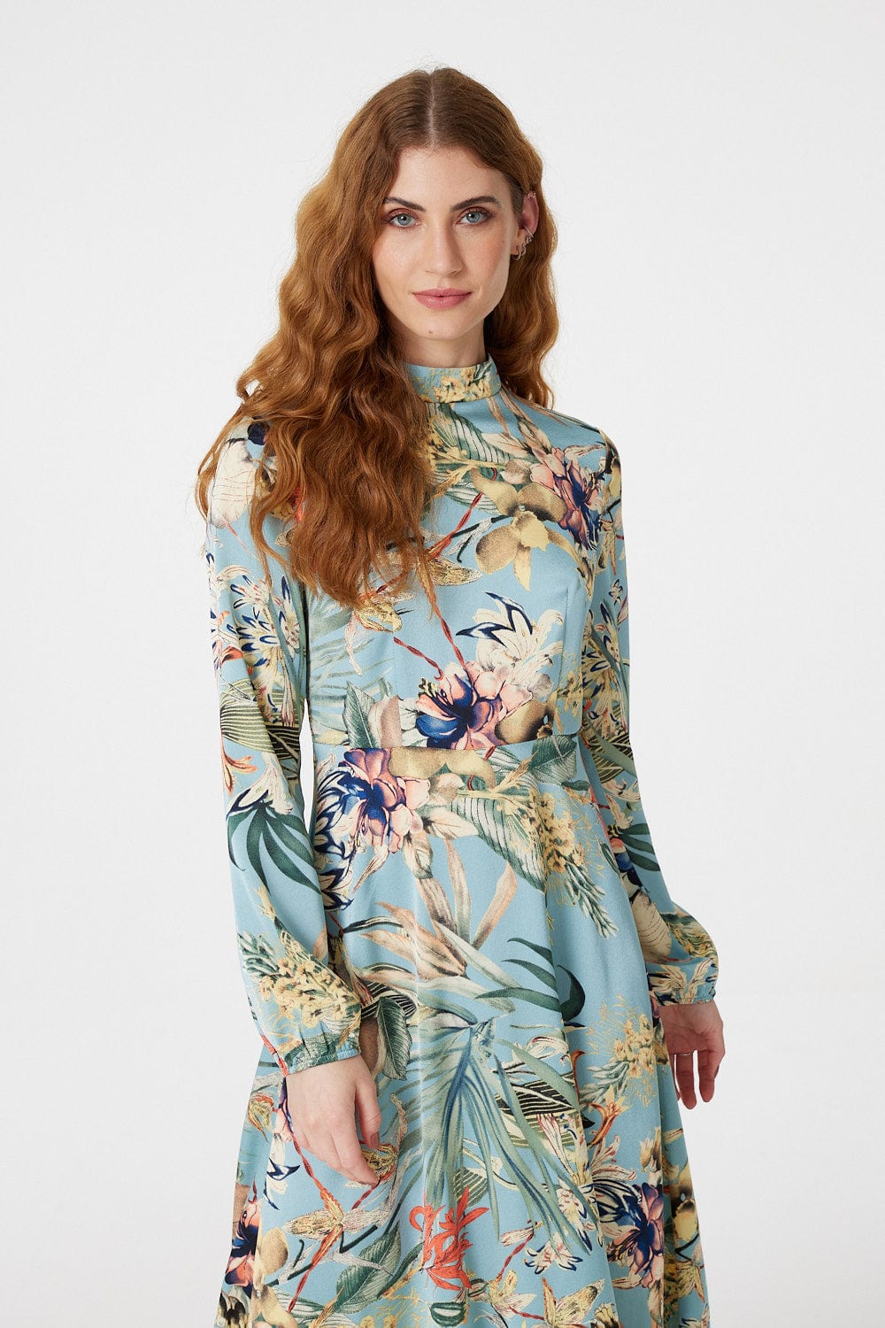 Blue | Tropical Floral Midi Tea Dress