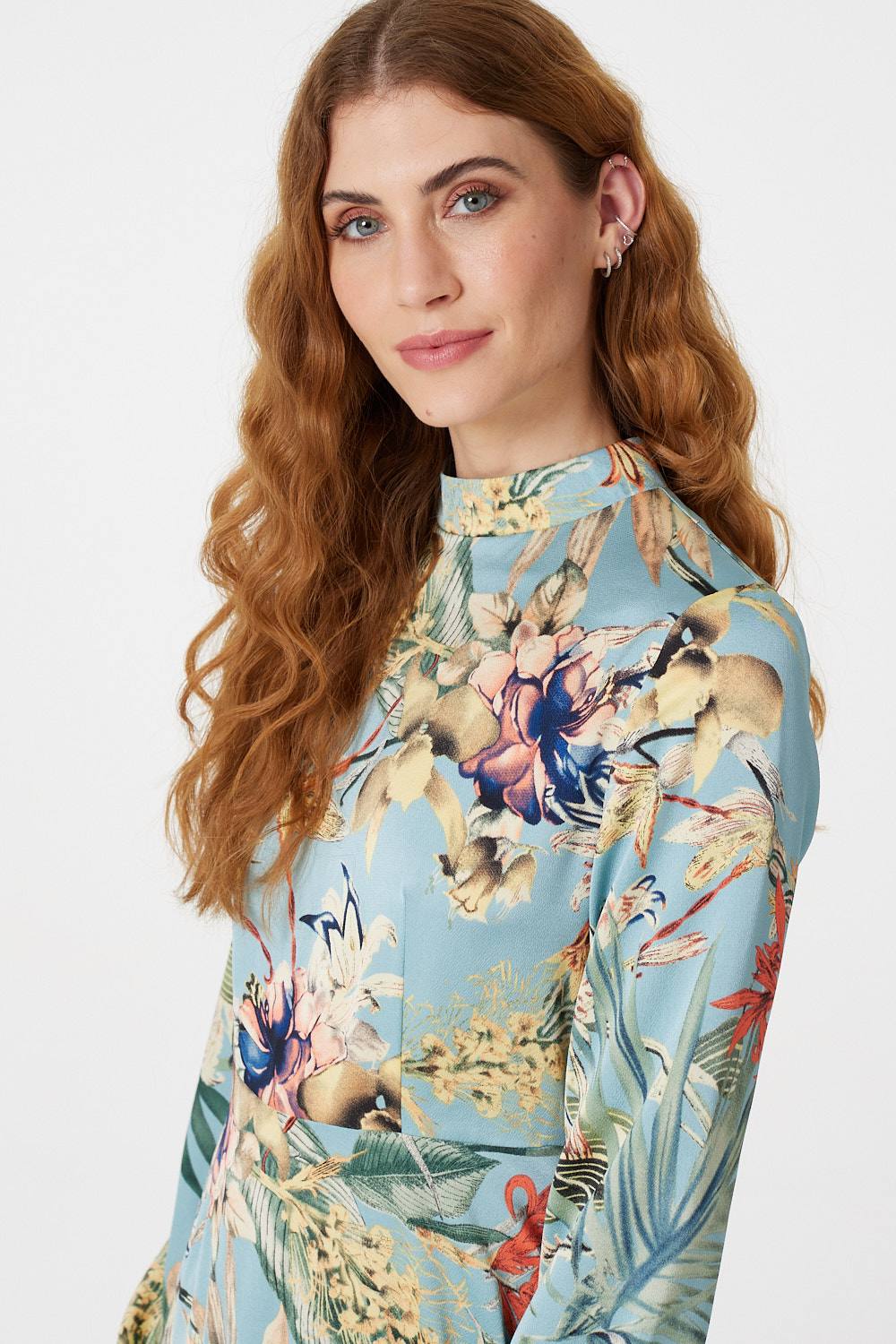 Blue | Tropical Floral Midi Tea Dress