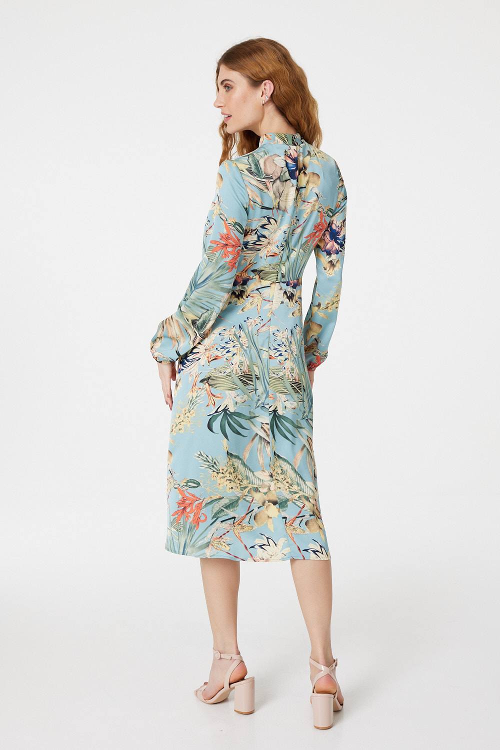 Blue | Tropical Floral Midi Tea Dress