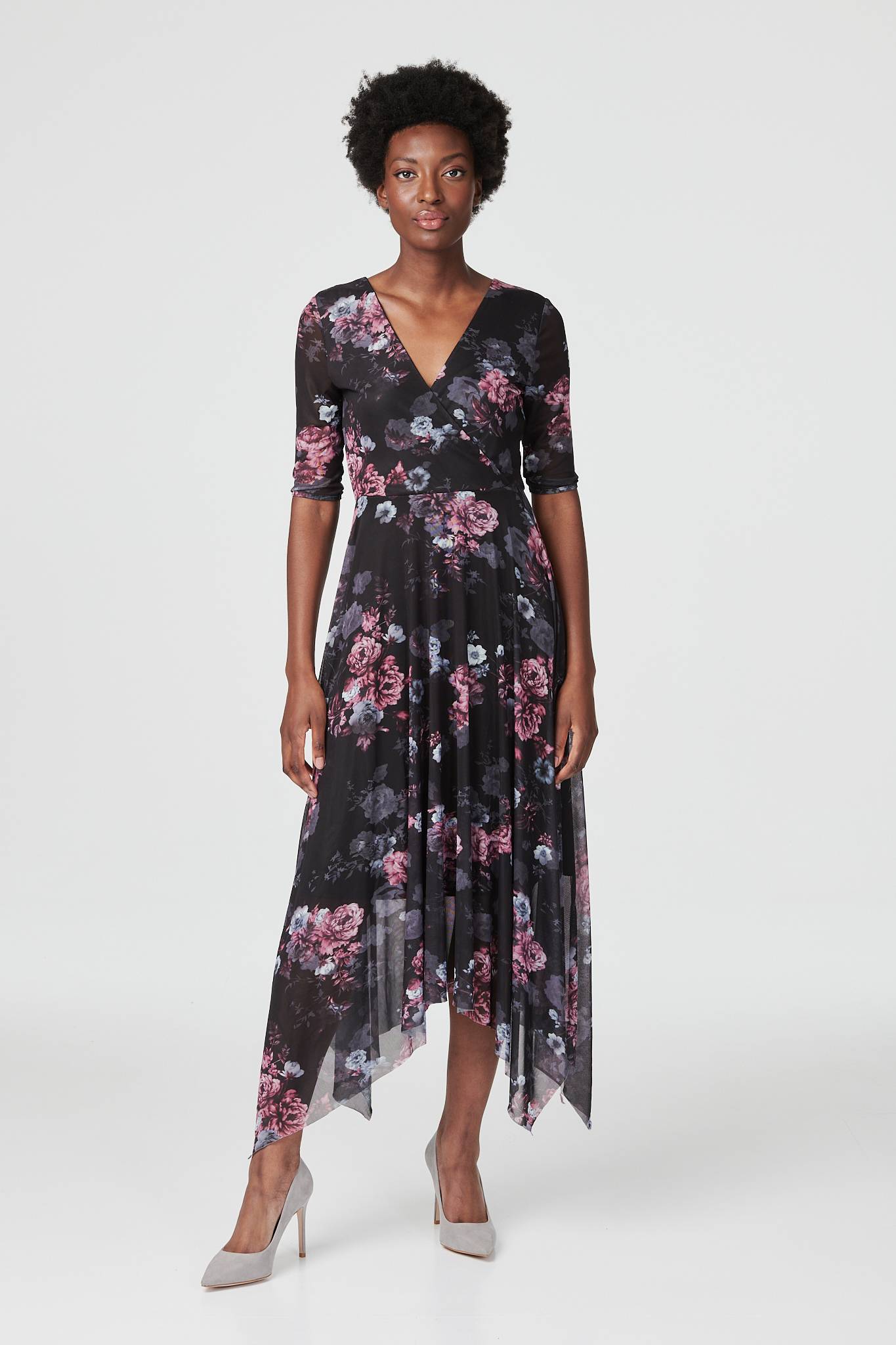 Black | Floral 3/4 Sleeve Mesh Midi Dress
