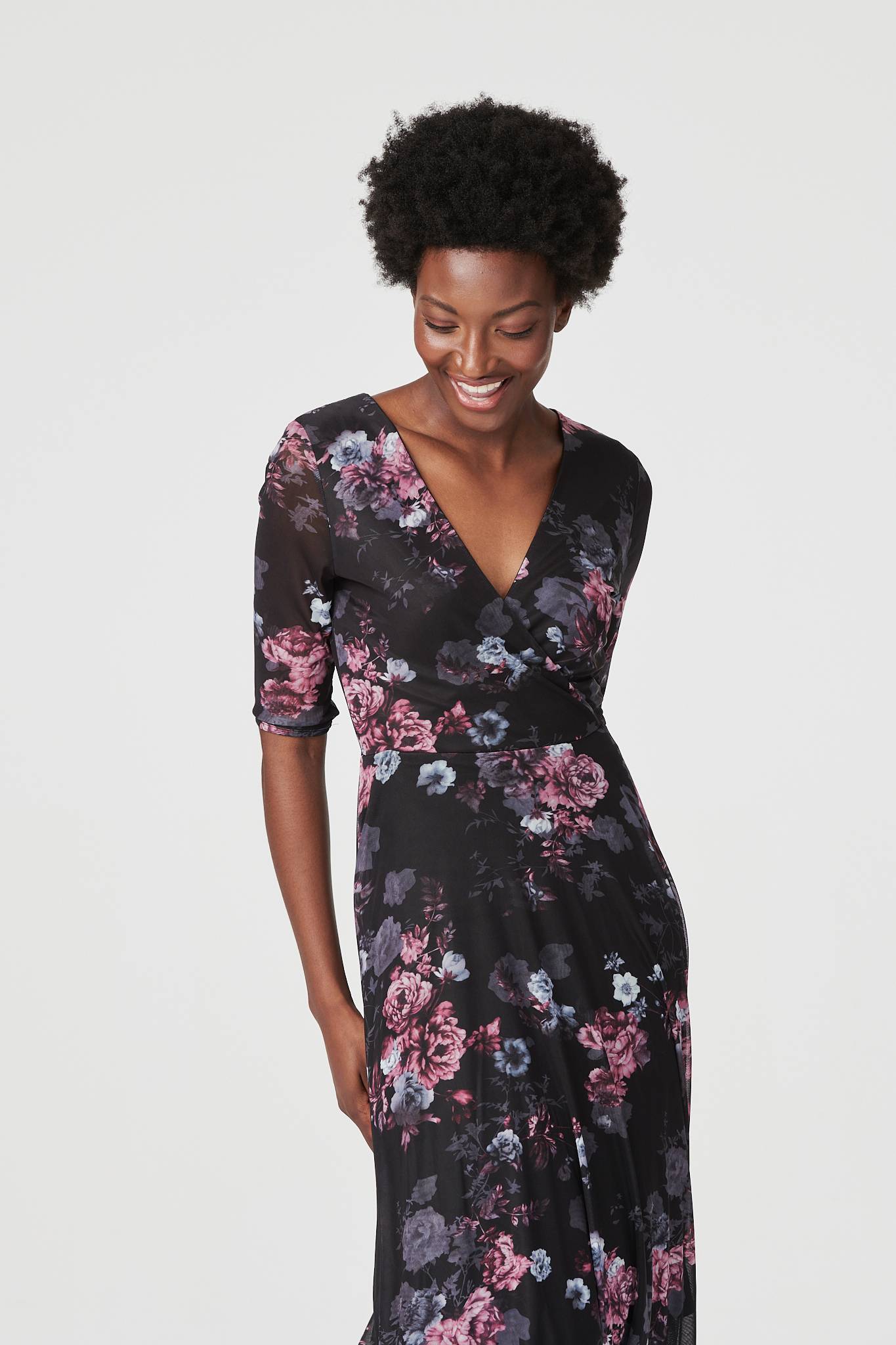Black | Floral 3/4 Sleeve Mesh Midi Dress