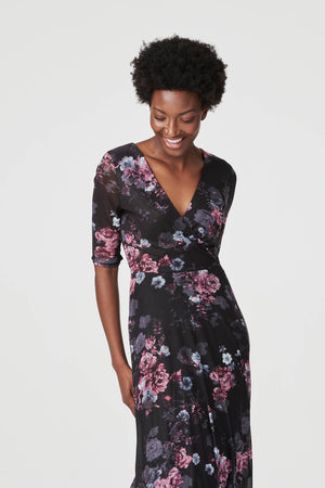 Black | Floral 3/4 Sleeve Mesh Midi Dress
