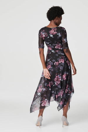 Black | Floral 3/4 Sleeve Mesh Midi Dress
