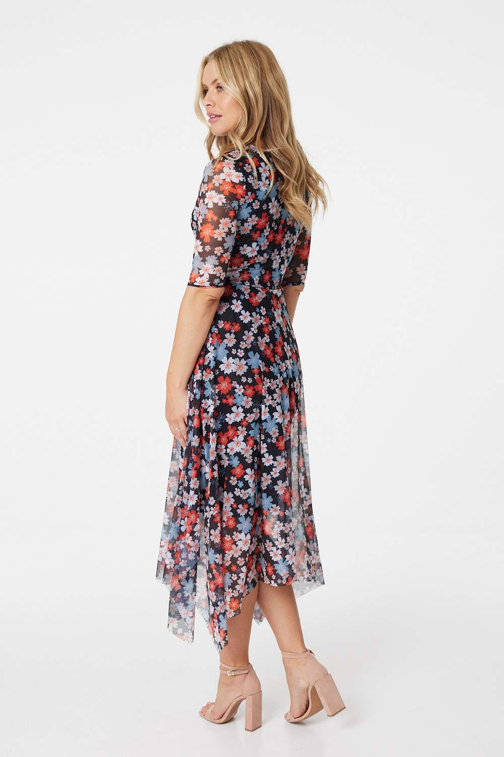 Black | Floral 3/4 Sleeve Mesh Midi Dress