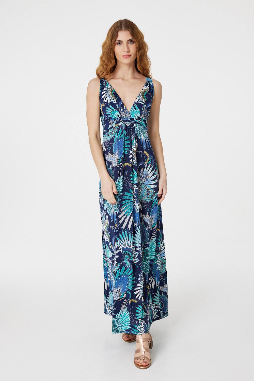 Blue | Feather Print A-Line Maxi Dress