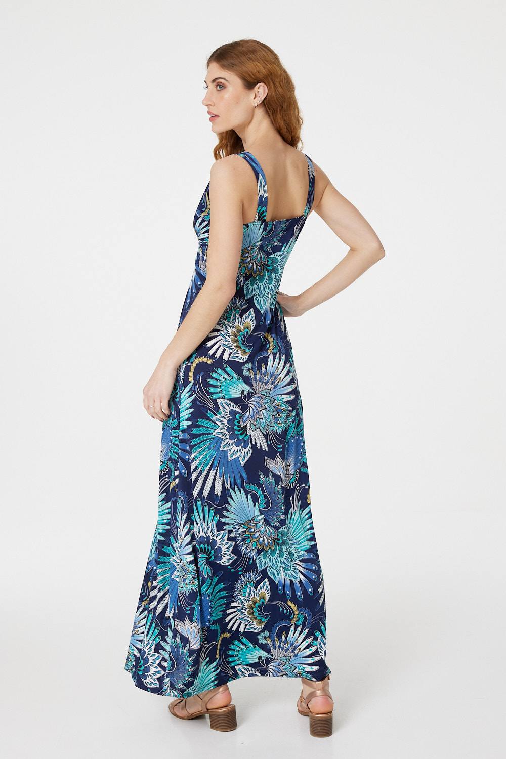 Blue | Feather Print A-Line Maxi Dress