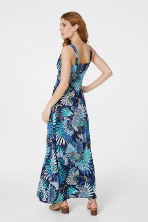 Blue | Feather Print A-Line Maxi Dress