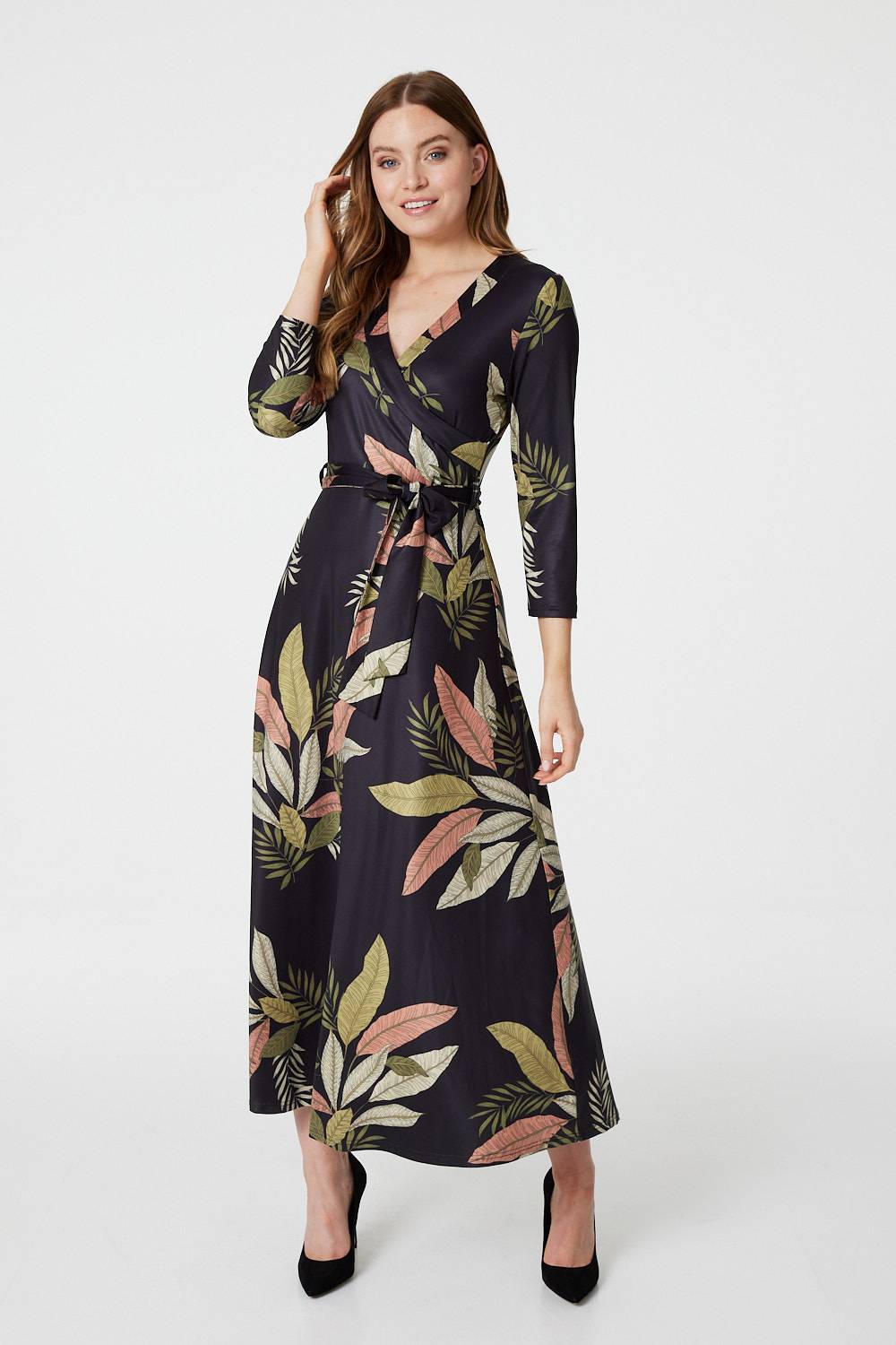 Black | Leaf Print Wrap Front Maxi Dress