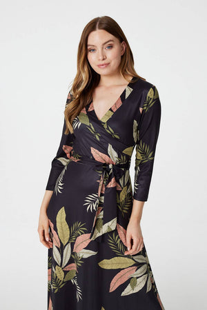 Black | Leaf Print Wrap Front Maxi Dress