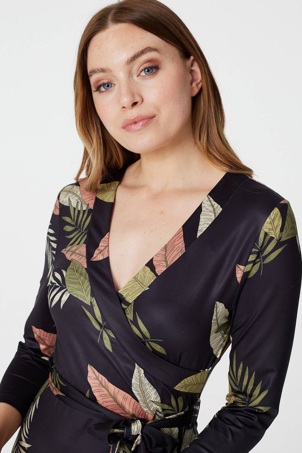 Black | Leaf Print Wrap Front Maxi Dress