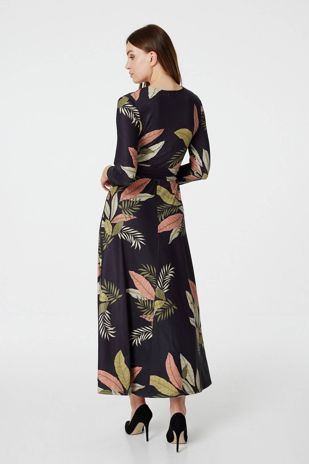 Black | Leaf Print Wrap Front Maxi Dress