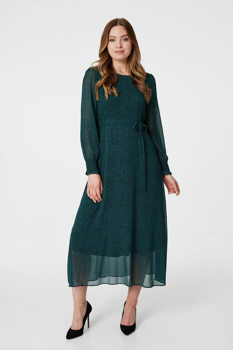 Green | Animal Print Long Sleeve Midi Dress