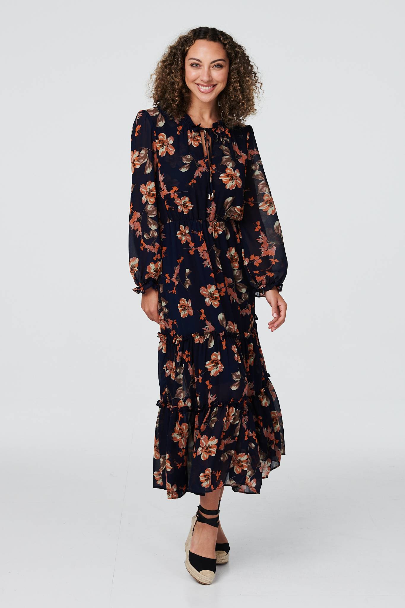 Navy | Floral Long Sleeve Maxi Dress