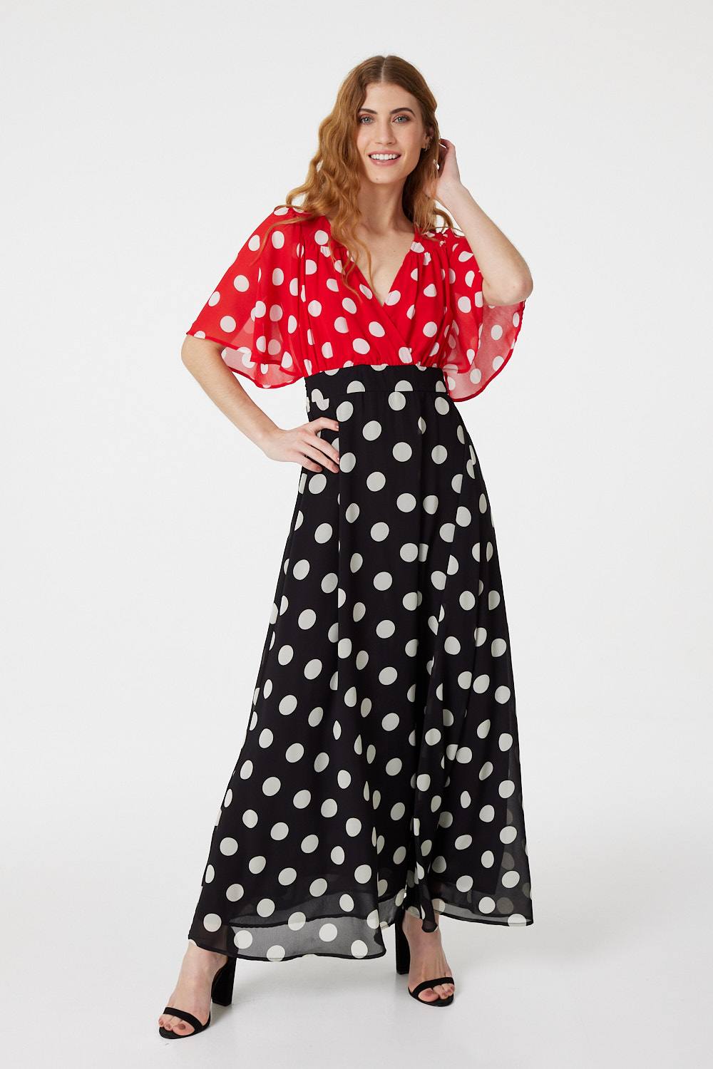 Red | Polka Dot V-Neck Maxi Dress