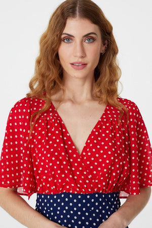 Red | Polka Dot Flared Sleeve Maxi Dress