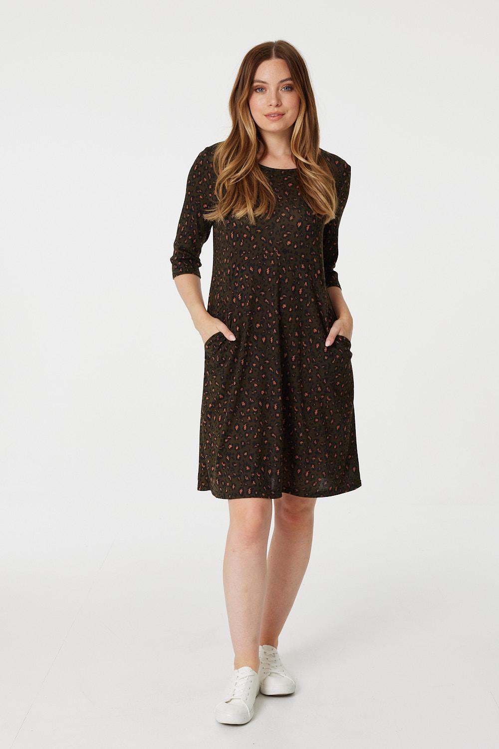 Khaki | Animal Print 3/4 Sleeve Tunic Dress