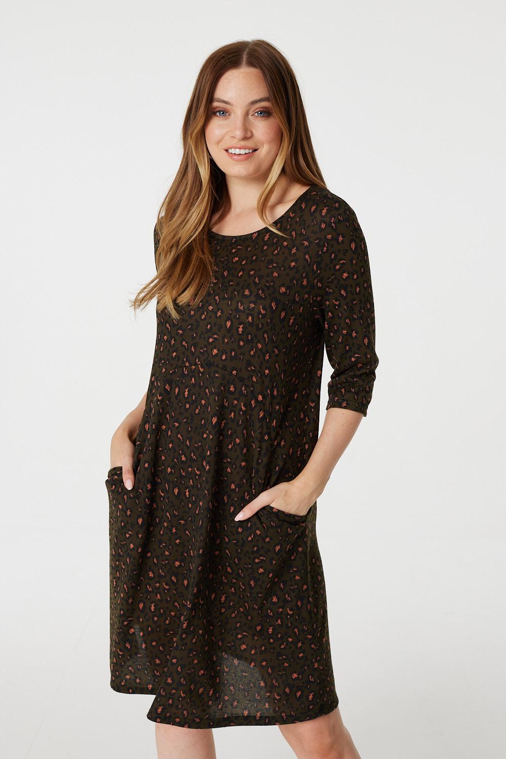 Khaki | Animal Print 3/4 Sleeve Tunic Dress