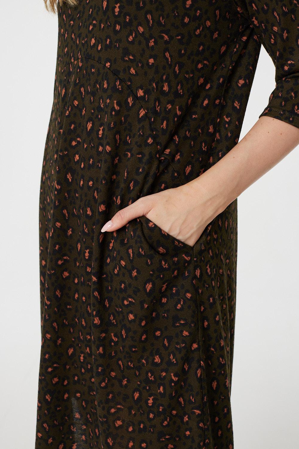 Khaki | Animal Print 3/4 Sleeve Tunic Dress