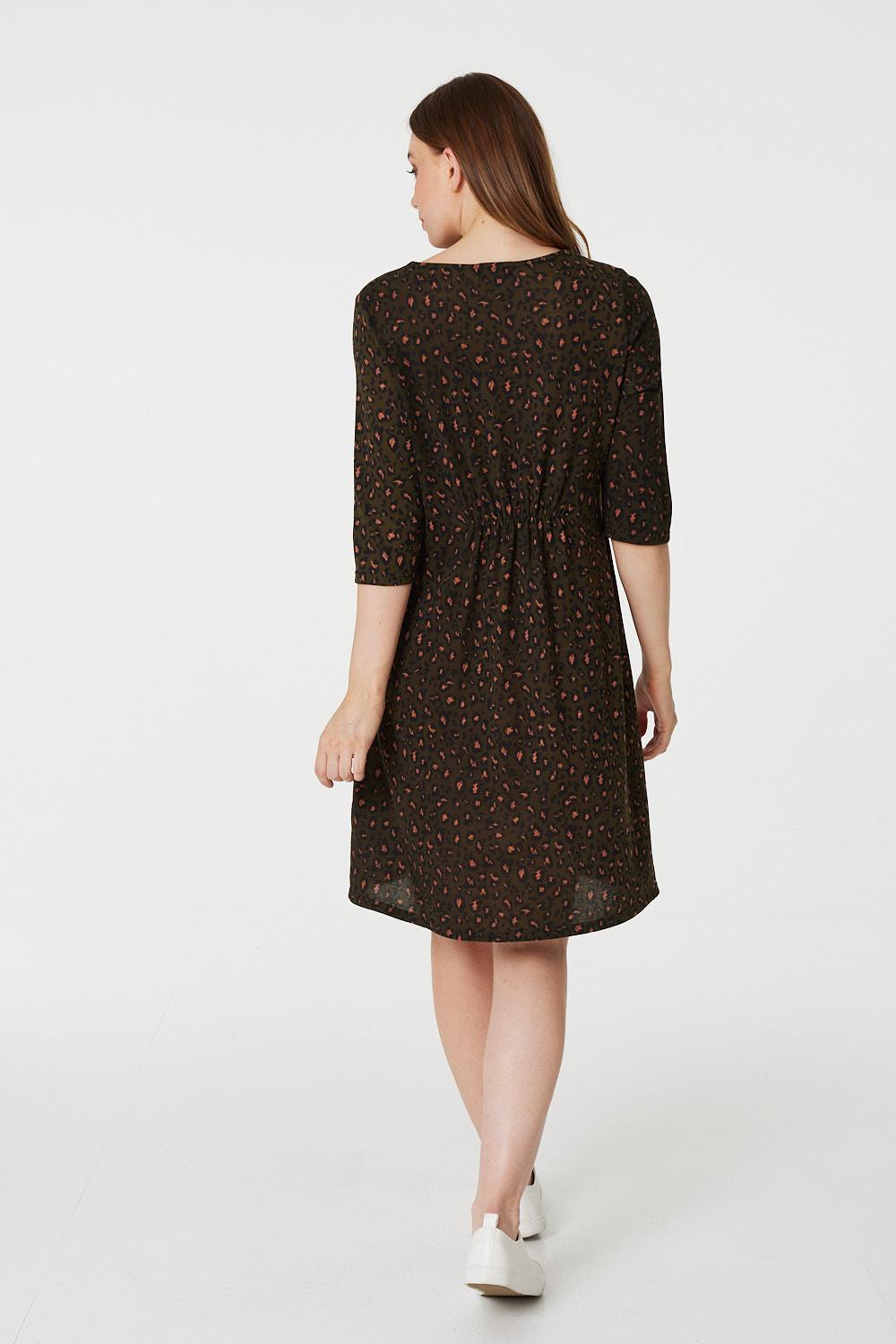 Khaki | Animal Print 3/4 Sleeve Tunic Dress