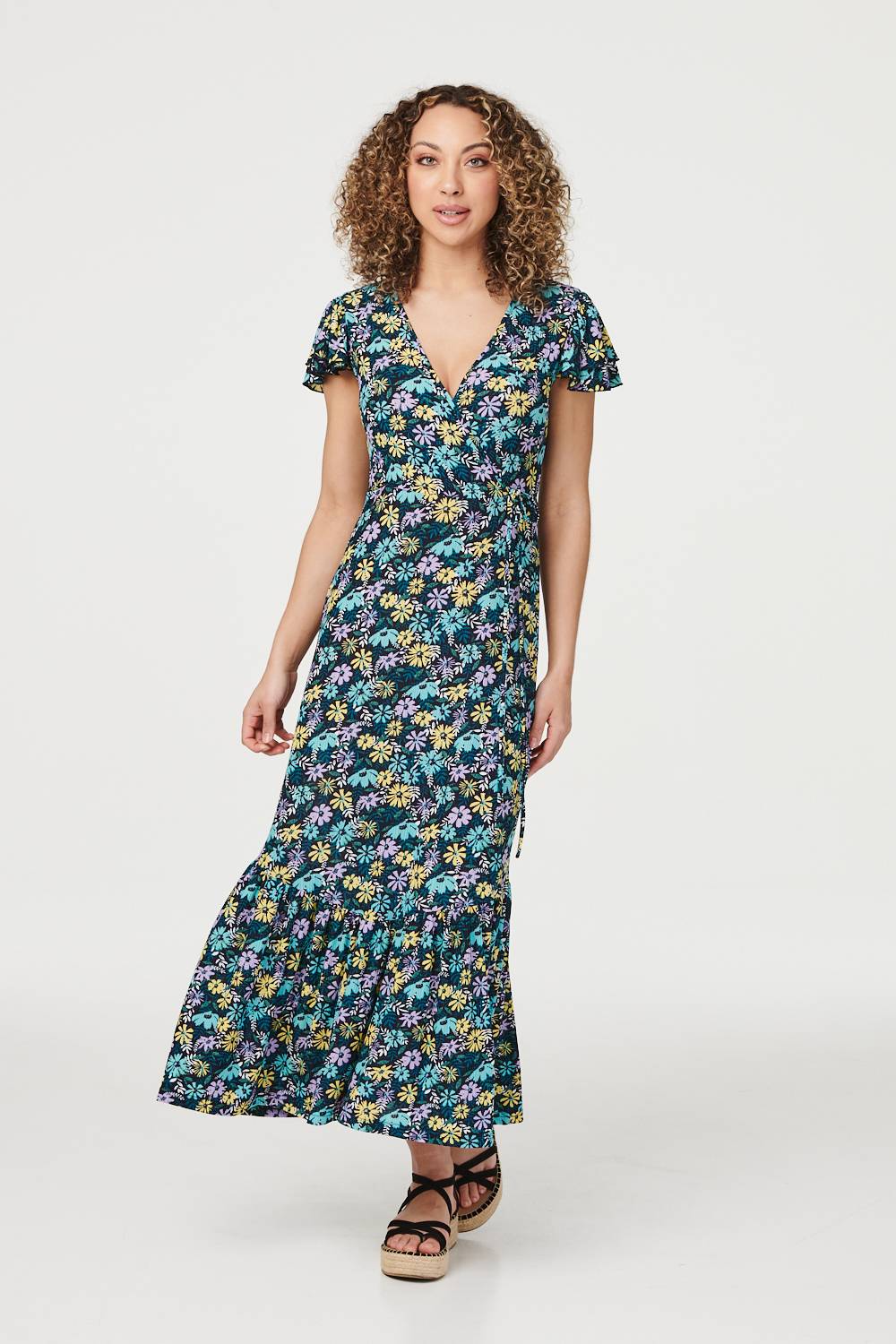 Blue | Floral Frilled Sleeve Maxi Dress