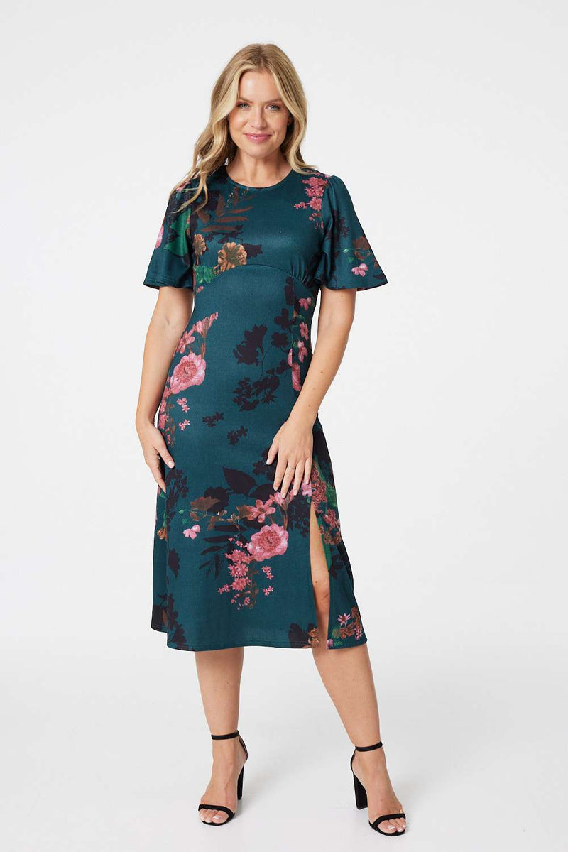 Green | Floral Short Sleeve Midi Tea Dress