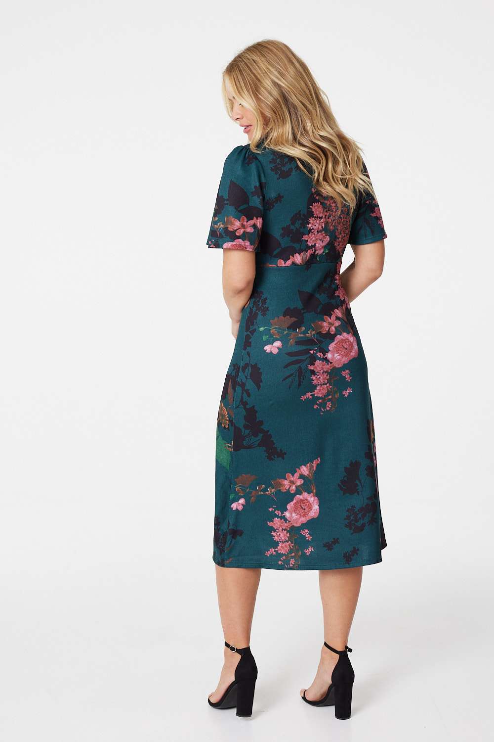 Green | Floral Short Sleeve Midi Tea Dress
