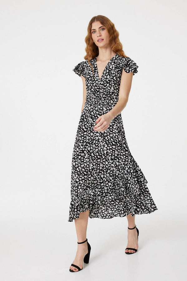 Black | Ditsy Print V-Neck Frilled Midi Dress