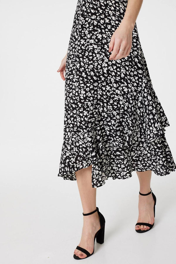 Black | Ditsy Print V-Neck Frilled Midi Dress