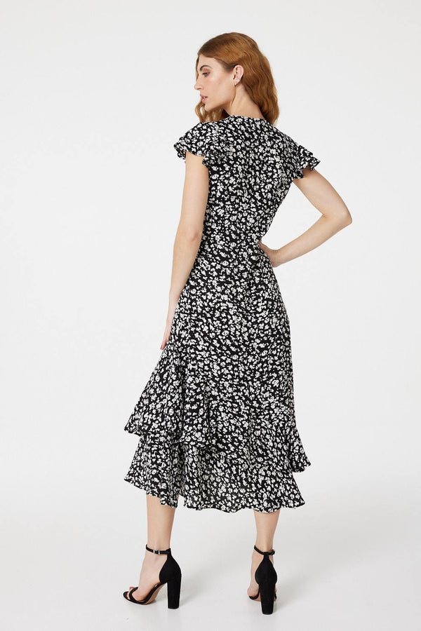 Black | Ditsy Print V-Neck Frilled Midi Dress