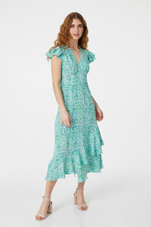 Green | Floral V-Neck Frilled Midi Dress